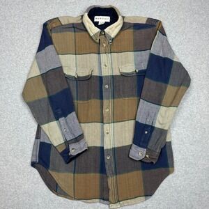 Merona Mens Flannel Shirt Medium Brown Blue Plaid Herringbone Cotton Long Sleeve